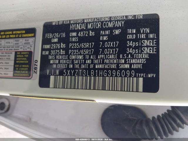 Auction sale of the 2017 Hyundai Santa Fe Sport 2.4l, vin: 5XYZT3LB1HG396099, lot number: 45986013