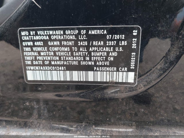 Aukcja sprzedaży 2013 Volkswagen Passat 2.0l Tdi Sel Premium, vin: 1VWCN7A3XDC012481, numer aukcji: 45986016