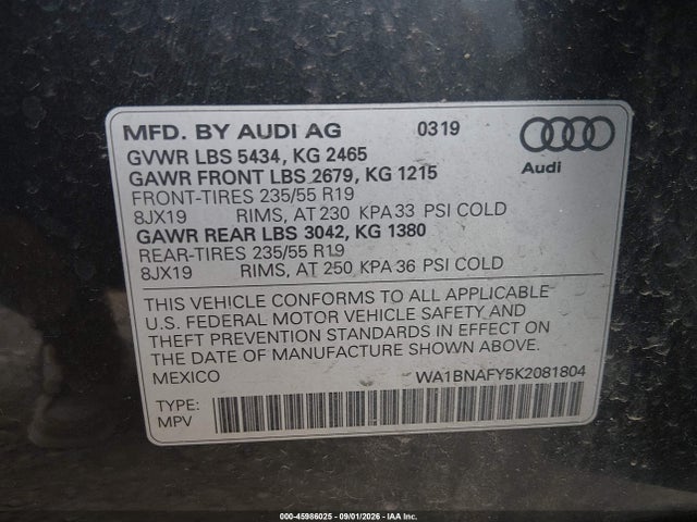 Продажа на аукционе авто 2019 Audi Q5 45 Premium, vin: WA1BNAFY5K2081804, номер лота: 45986025