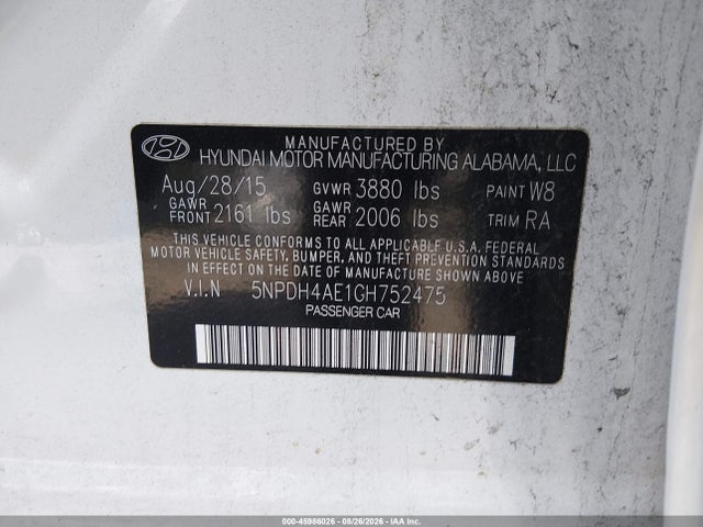 45986026 :رقم المزاد ، 5NPDH4AE1GH752475 vin ، 2016 Hyundai Elantra Se مزاد بيع