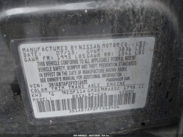 2015 Nissan Sentra Sr მანქანა იყიდება აუქციონზე, vin: 3N1AB7AP2FY313426, აუქციონის ნომერი: 45986037