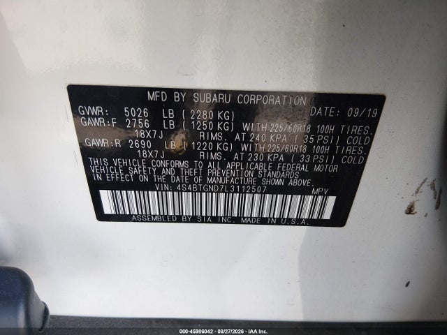 Продажа на аукционе авто 2020 Subaru Outback Limited Xt, vin: 4S4BTGND7L3112507, номер лота: 45986042