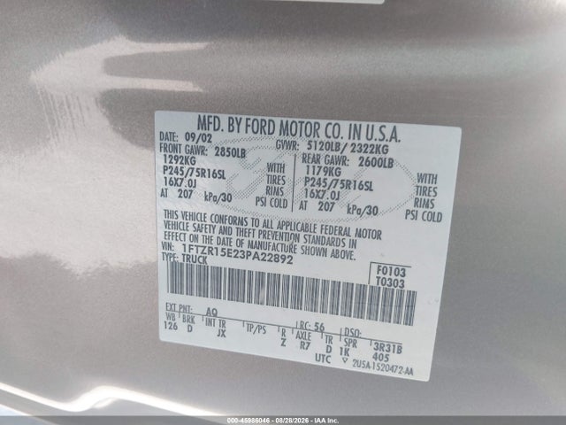 2003 Ford Ranger Xlt მანქანა იყიდება აუქციონზე, vin: 1FTZR15E23PA22892, აუქციონის ნომერი: 45986046