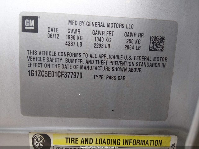 Aukcja sprzedaży 2012 Chevrolet Malibu 1lt, vin: 1G1ZC5E01CF377970, numer aukcji: 45986050