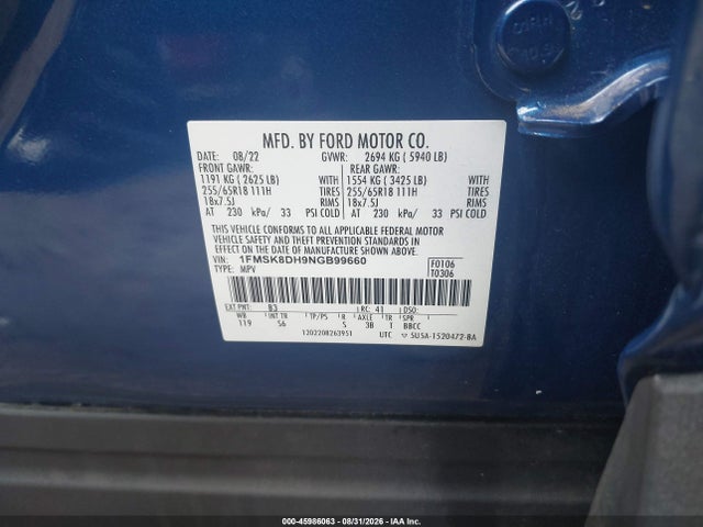 Aukcja sprzedaży 2022 Ford Explorer Xlt, vin: 1FMSK8DH9NGB99660, numer aukcji: 45986063
