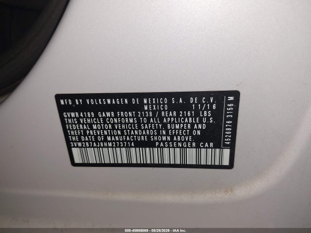 Aukcja sprzedaży 2017 Volkswagen Jetta 1.4t S, vin: 3VW2B7AJ8HM273714, numer aukcji: 45986069