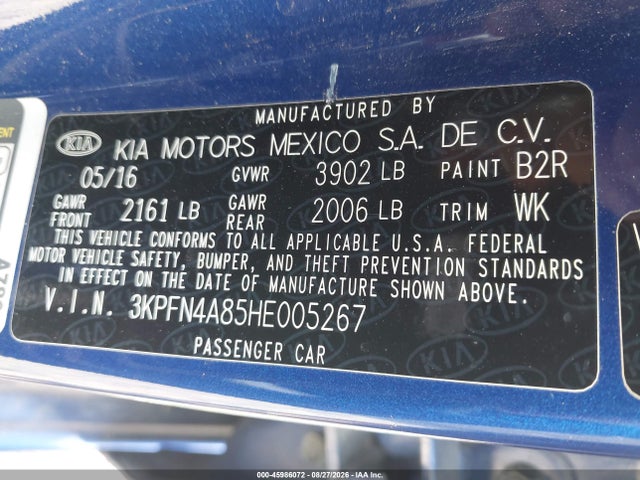 45986072 :رقم المزاد ، 3KPFN4A85HE005267 vin ، 2017 Kia Forte Ex مزاد بيع