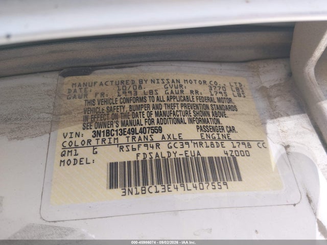 2009 Nissan Versa 1.8s მანქანა იყიდება აუქციონზე, vin: 3N1BC13E49L407559, აუქციონის ნომერი: 45986074
