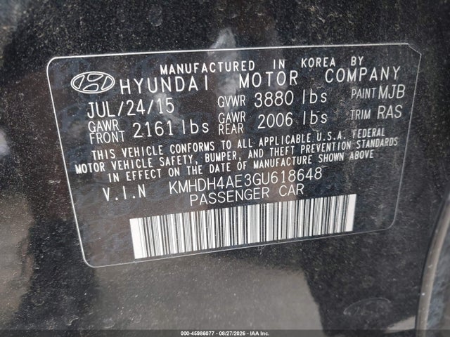 Aukcja sprzedaży 2016 Hyundai Elantra Se, vin: KMHDH4AE3GU618648, numer aukcji: 45986077