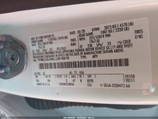 Aukcja sprzedaży 2020 Ford Escape Titanium, vin: 1FMCU9J98LUB16610, numer aukcji: 45986082