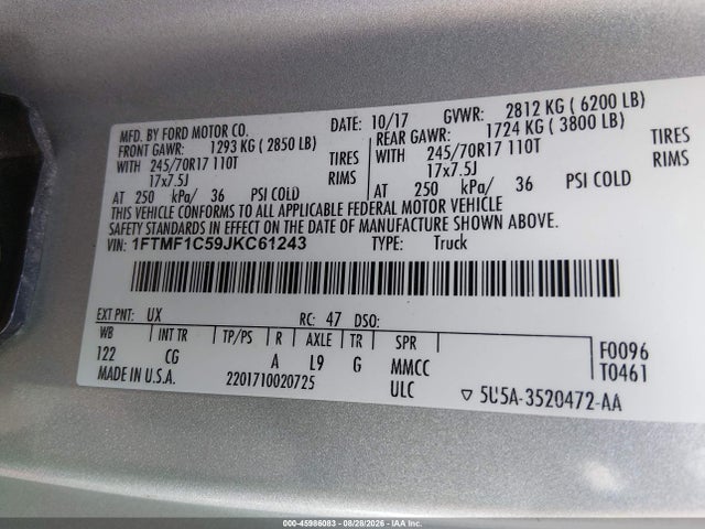Продажа на аукционе авто 2018 Ford F-150 Xl, vin: 1FTMF1C59JKC61243, номер лота: 45986083
