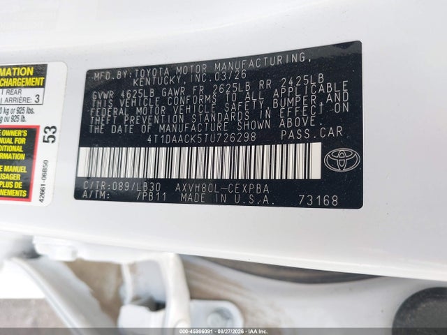 Aukcja sprzedaży 2026 Toyota Camry Xse, vin: 4T1DAACK5TU726298, numer aukcji: 45986091