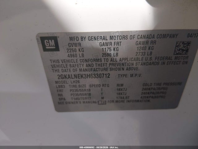 Продажа на аукционе авто 2017 Gmc Terrain Sle-2, vin: 2GKALNEK3H6330712, номер лота: 45986092
