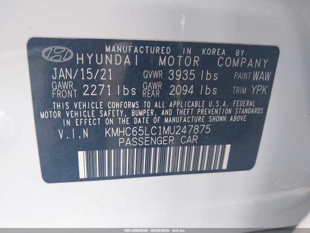 Aukcja sprzedaży 2021 Hyundai Ioniq Hybrid Blue, vin: KMHC65LC1MU247875, numer aukcji: 45986094