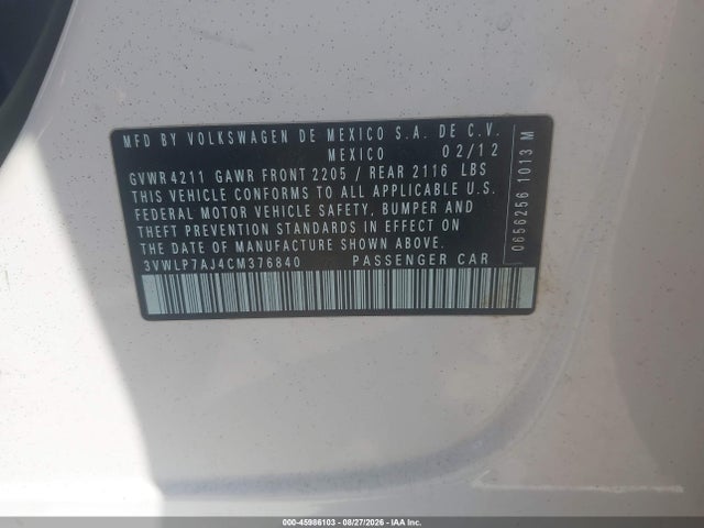 45986103 :رقم المزاد ، 3VWLP7AJ4CM376840 vin ، 2012 Volkswagen Jetta 2.5l Sel Premium مزاد بيع
