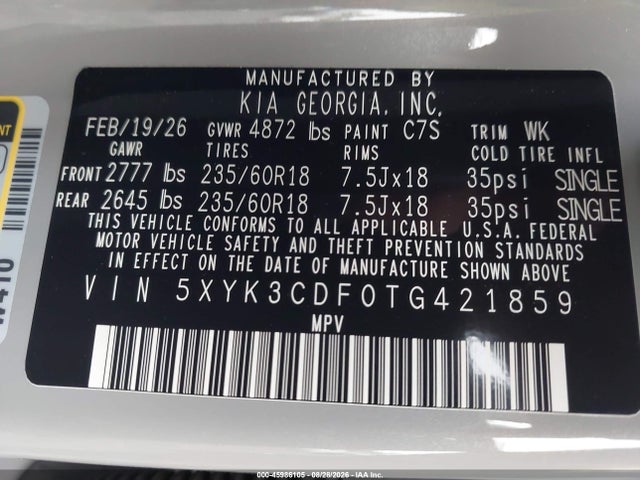 Продажа на аукционе авто 2026 Kia Sportage Ex, vin: 5XYK3CDF0TG421859, номер лота: 45986105