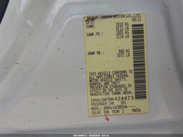 2013 Nissan Altima 2.5 Sl მანქანა იყიდება აუქციონზე, vin: 1N4AL3AP3DN424473, აუქციონის ნომერი: 45986131