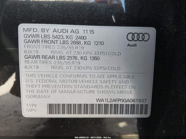 Aukcja sprzedaży 2016 Audi Q5 2.0t Premium, vin: WA1L2AFP0GA081937, numer aukcji: 45986133