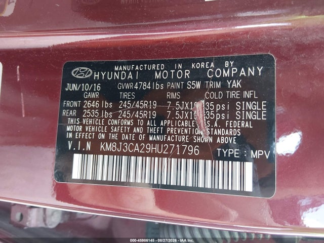 2017 Hyundai Tucson Sport მანქანა იყიდება აუქციონზე, vin: KM8J3CA29HU271796, აუქციონის ნომერი: 45986145