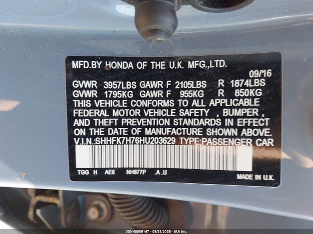 45986147 :رقم المزاد ، SHHFK7H76HU203629 vin ، 2017 Honda Civic Ex-l مزاد بيع