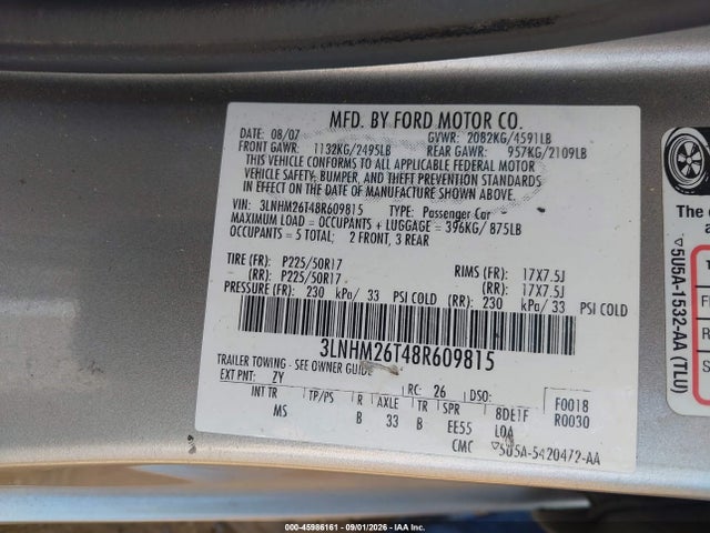 Aukcja sprzedaży 2008 Lincoln Mkz, vin: 3LNHM26T48R609815, numer aukcji: 45986161