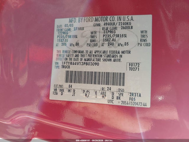 45986181 :رقم المزاد ، 1FTYR44V13PB03090 vin ، 2003 Ford Ranger Edge/tremor/xlt مزاد بيع