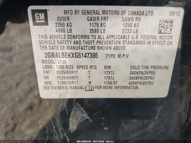 45986193 :رقم المزاد ، 2GNALBEKXG6147386 vin ، 2016 Chevrolet Equinox Ls مزاد بيع