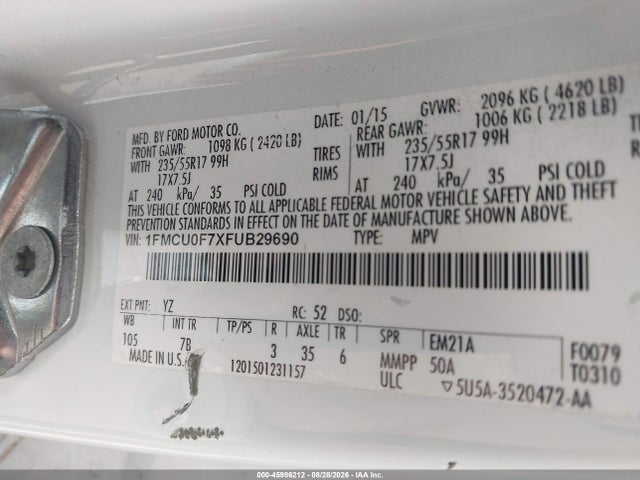 Продаж на аукціоні авто 2015 Ford Escape S, vin: 1FMCU0F7XFUB29690, номер лоту: 45986212