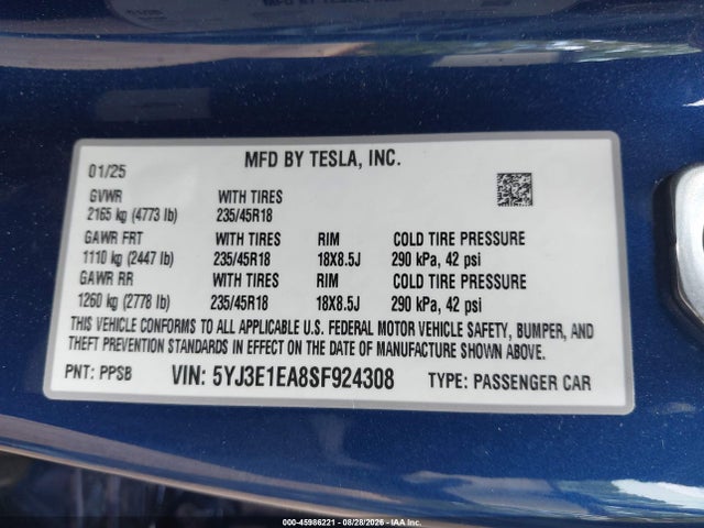 Продаж на аукціоні авто 2025 Tesla Model 3 Long Range Rear-wheel Drive/standard Rear-wheel Drive, vin: 5YJ3E1EA8SF924308, номер лоту: 45986221