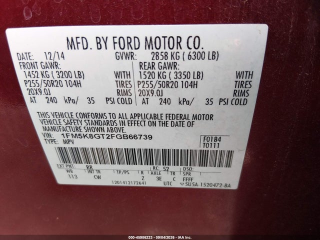 Ford EXPLORER SPORT 2015 1FM5K8GT2FGB66739 Image 9
