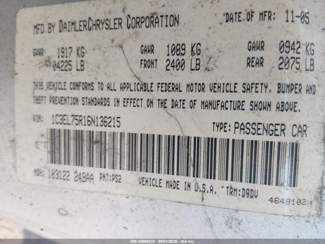 45986232 :رقم المزاد ، 1C3EL75R16N136215 vin ، 2006 Chrysler Sebring Gtc مزاد بيع