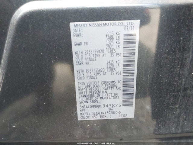 45986248 :رقم المزاد ، 5N1AL0MN9DC343875 vin ، 2013 Infiniti Jx35 مزاد بيع