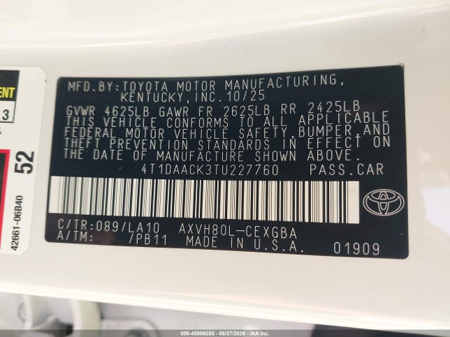 45986255 :رقم المزاد ، 4T1DAACK3TU227760 vin ، 2026 Toyota Camry Xle مزاد بيع