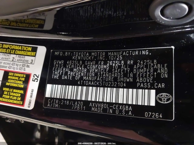 Продаж на аукціоні авто 2026 Toyota Camry Xle, vin: 4T1DAACK5TU232104, номер лоту: 45986259