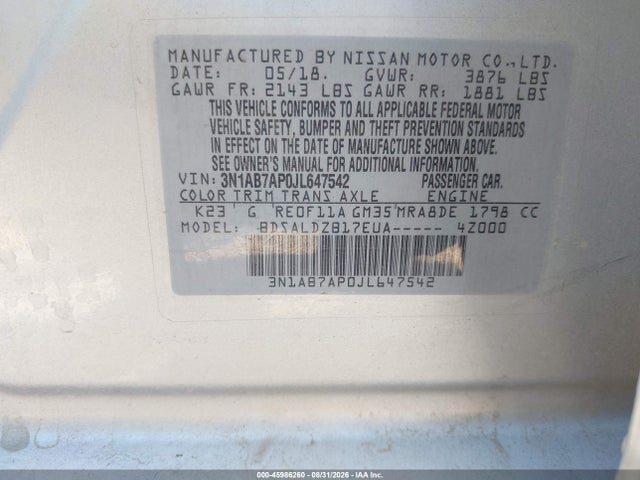 Aukcja sprzedaży 2018 Nissan Sentra Sv, vin: 3N1AB7AP0JL647542, numer aukcji: 45986260