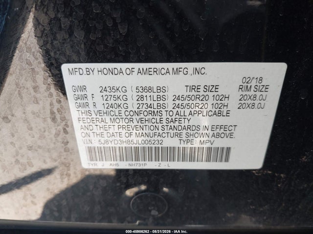 45986262 :رقم المزاد ، 5J8YD3H85JL005232 vin ، 2018 Acura Mdx Advance Package مزاد بيع