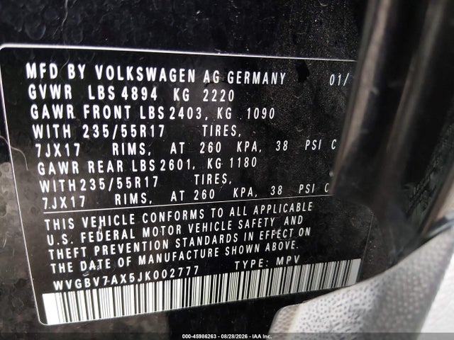 Продажа на аукционе авто 2018 Volkswagen Tiguan Limited 2.0t, vin: WVGBV7AX5JK002777, номер лота: 45986263