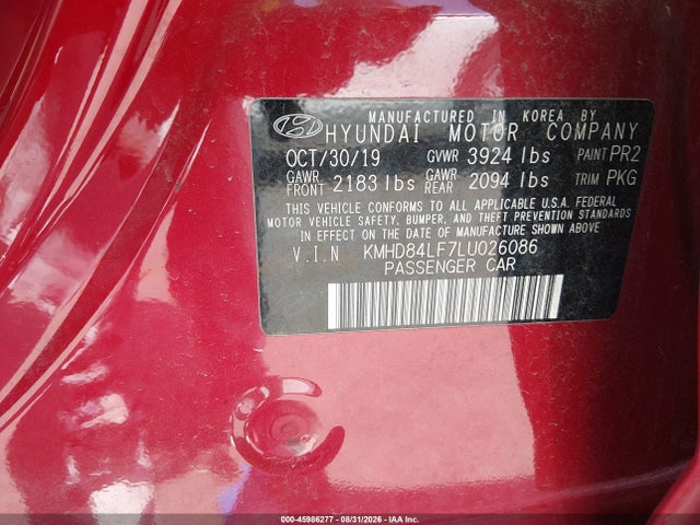 2020 Hyundai Elantra Sel მანქანა იყიდება აუქციონზე, vin: KMHD84LF7LU026086, აუქციონის ნომერი: 45986277