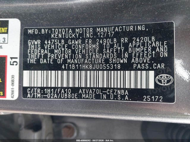 Продаж на аукціоні авто 2018 Toyota Camry Le, vin: 4T1B11HK8JU055318, номер лоту: 45986282