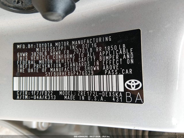Aukcja sprzedaży 2016 Toyota Corolla S, vin: 5YFBURHEXGP476029, numer aukcji: 45986285