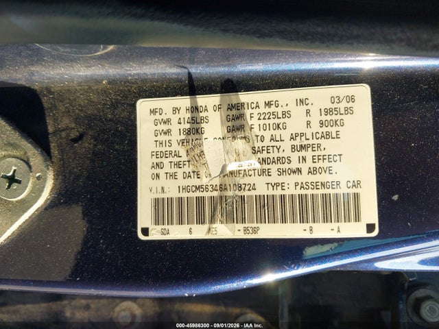45986300 :رقم المزاد ، 1HGCM56346A108724 vin ، 2006 Honda Accord 2.4 Se مزاد بيع