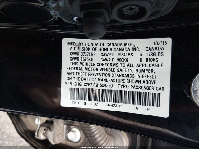 45986305 :رقم المزاد ، 2HGFC2F7XGH504550 vin ، 2016 Honda Civic Ex مزاد بيع