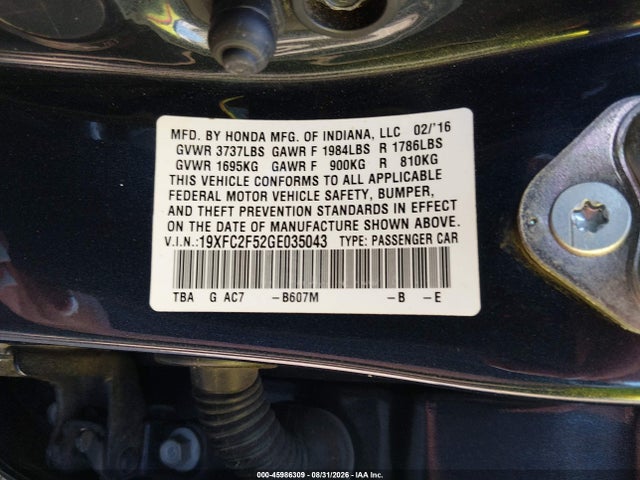 2016 Honda Civic Lx მანქანა იყიდება აუქციონზე, vin: 19XFC2F52GE035043, აუქციონის ნომერი: 45986309