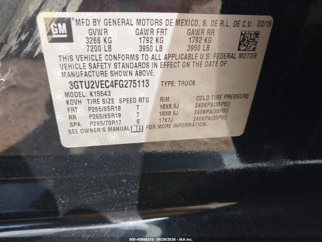 GMC Sierra 1500 Slt 2015 3GTU2VEC4FG275113 Image 9