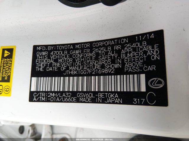 45986332 :رقم المزاد ، JTHBK1GG7F2169892 vin ، 2015 Lexus Es 350 Crafted Line مزاد بيع