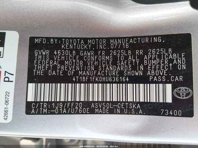 45986343 :رقم المزاد ، 4T1BF1FK0HU636164 vin ، 2017 Toyota Camry Se مزاد بيع