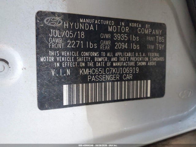 Продажа на аукционе авто 2019 Hyundai Ioniq Hybrid Blue, vin: KMHC65LC7KU106919, номер лота: 45986346