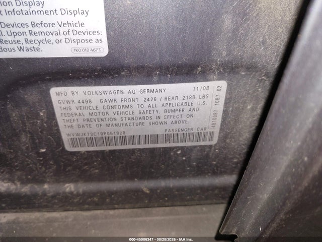 45986347 :رقم المزاد ، WVWJK73C19P051928 vin ، 2009 Volkswagen Passat Komfort مزاد بيع