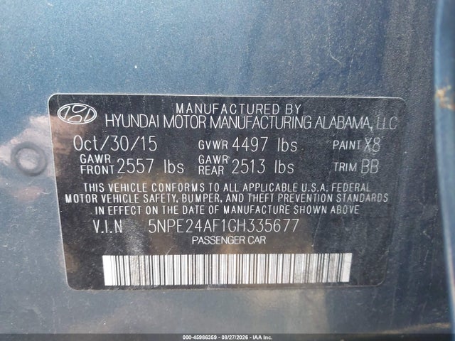 Aukcja sprzedaży 2016 Hyundai Sonata Se, vin: 5NPE24AF1GH335677, numer aukcji: 45986359