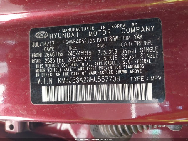 45986361 :رقم المزاد ، KM8J33A23HU557708 vin ، 2017 Hyundai Tucson Value مزاد بيع